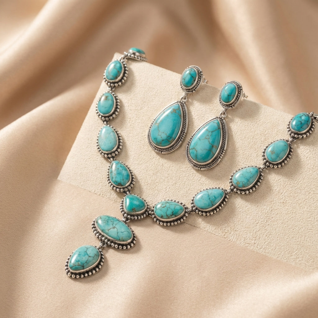 ÉLÉGANT VINTAGE TURQUOISE IMPOSANT COLLIERETBOUCLES D'OREILLES