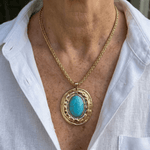 COLLIER VINTAGE SERPENT PEAU CHAÎNE OVALE IMITATION TURQUOISE PENDENTIF