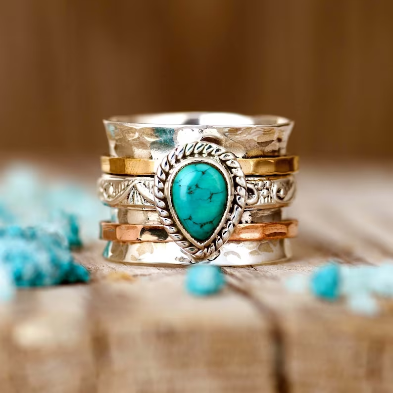 Bague Antique Or & Argent Incrustée de Turquoise