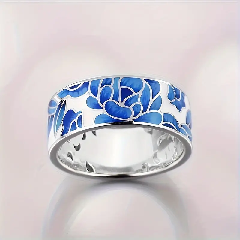 BAGUE VINTAGE ARGENT BLEU ÉMAIL FLEUR