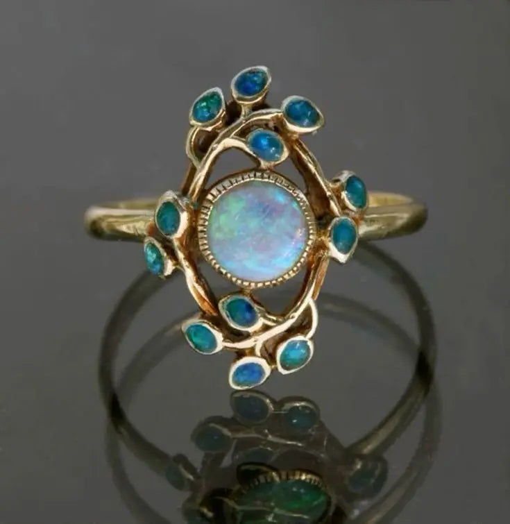 BAGUE BLEU VINTAGE CRISTAUX ET OPALE