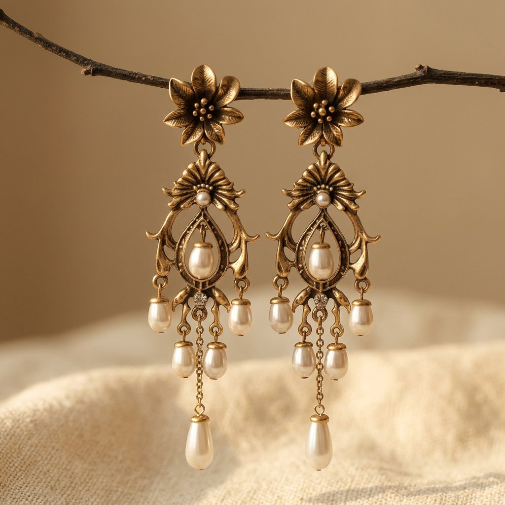 Boucles d'Oreilles Vintage Fleur Imitation Perle Pompon Goutte