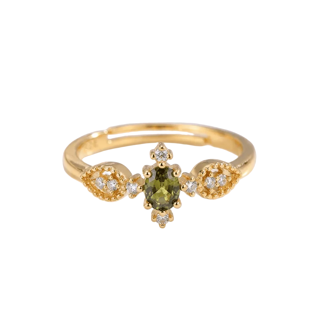 OLIVE GREEN CRYSTAL DAINTY GOLD RING - (ADJUSTABLE)