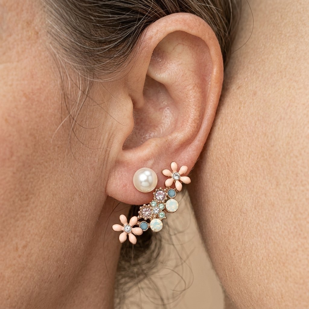 Boucles d'Oreilles Floral Synthétique Perle Doré
