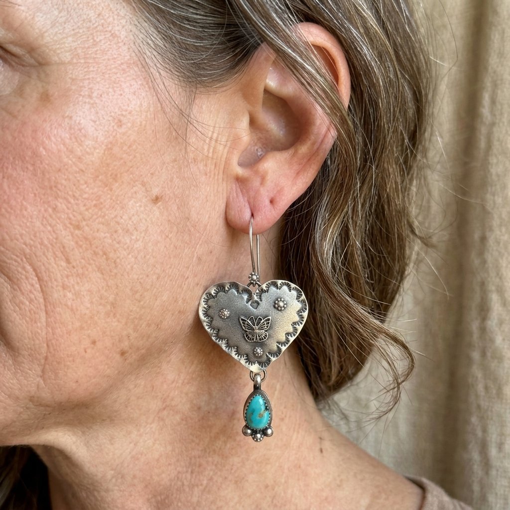 BOUCLES D'OREILLES ARTISANAL FAIT MAIN TURQUOISE ARGENTÉ CŒUR PENDENTIF FAIT MAIN