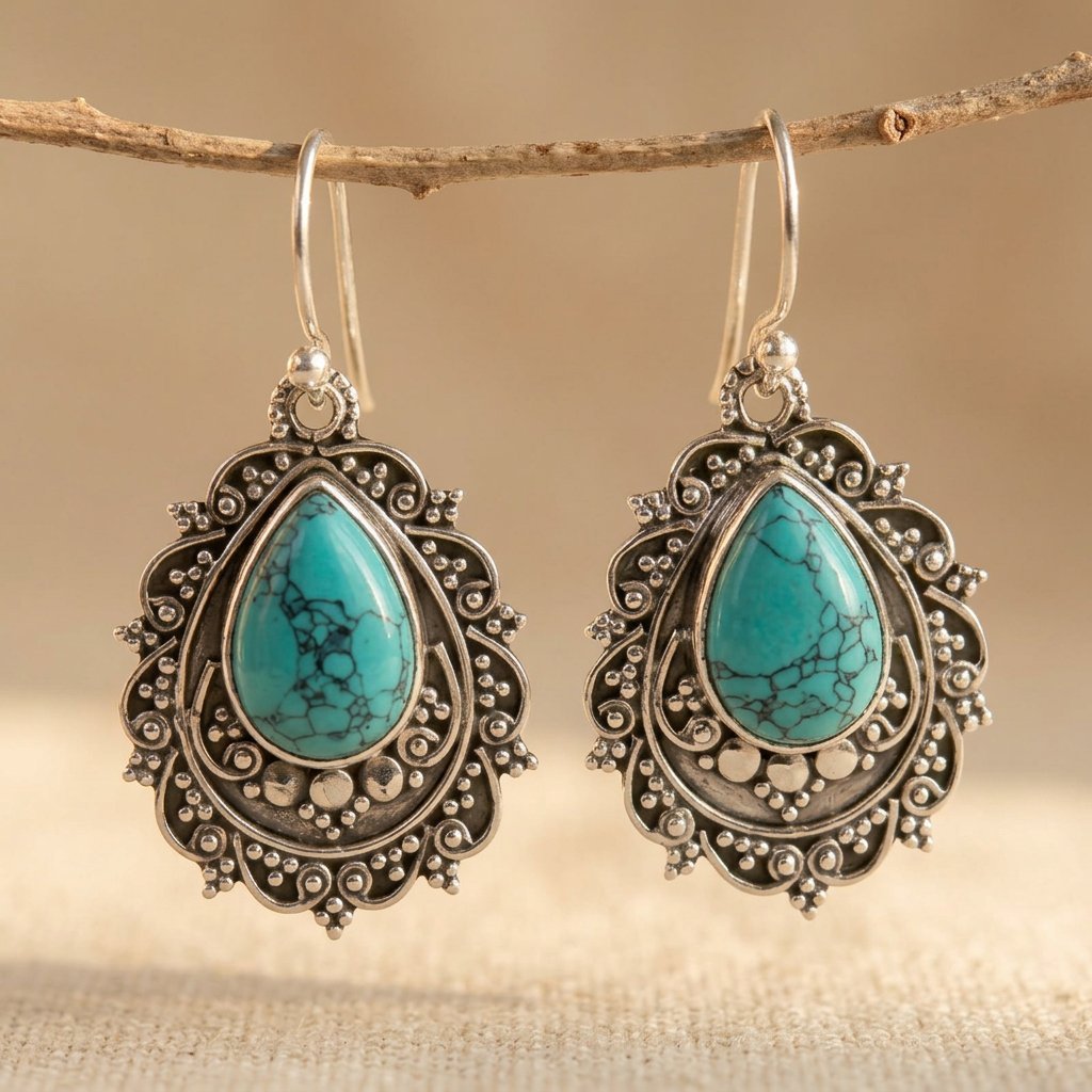 BOUCLES D'OREILLES VINTAGE GOUTTE TURQUOISE PENDENTIF