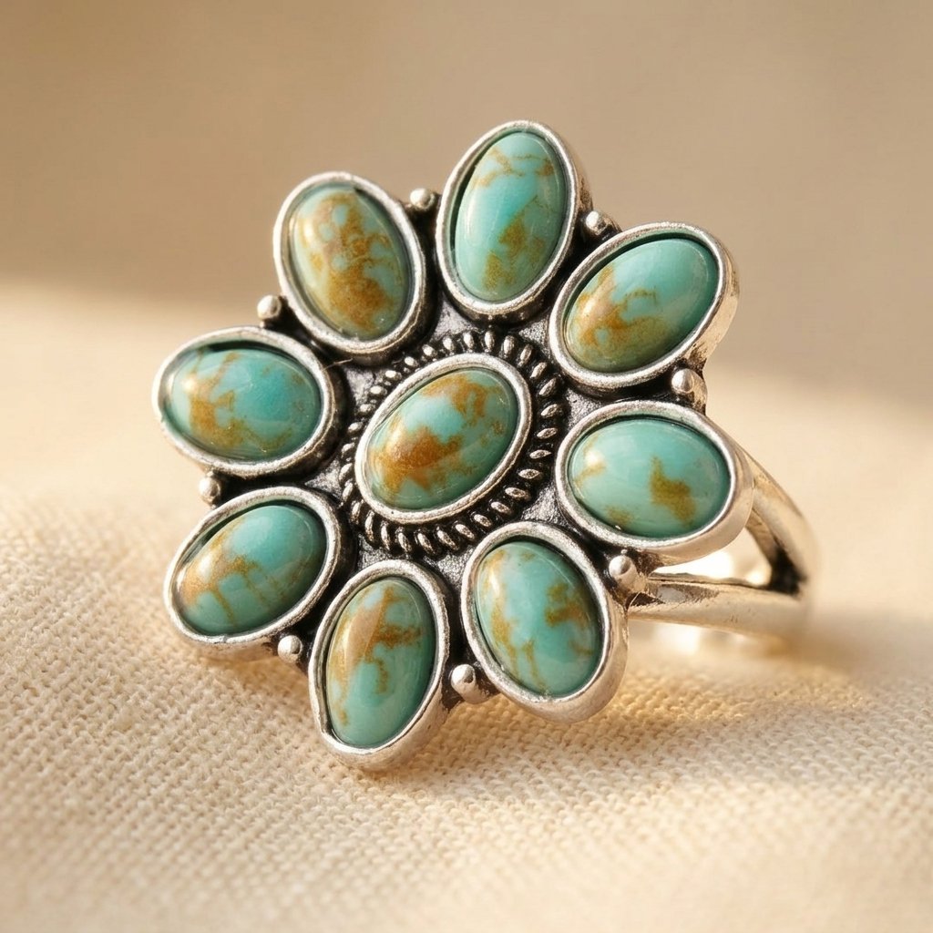 BAGUE TURQUOISE VINTAGE RÉSINE FLEUR