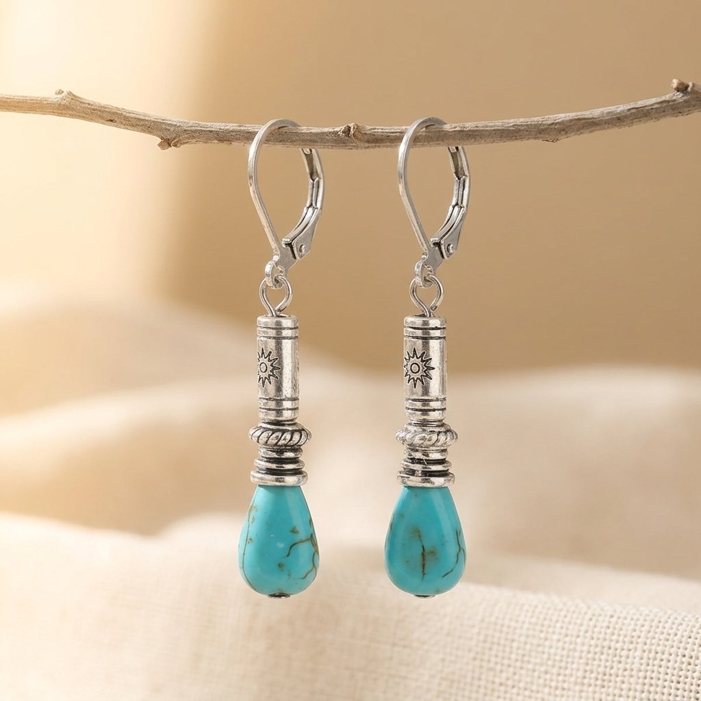 BOUCLES D'OREILLES TURQUOISE TIBET ARGENTÉ COULEUR VINTAGE BOHÈME LONG GOUTTE