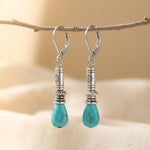 BOUCLES D'OREILLES TURQUOISE TIBET ARGENTÉ COULEUR VINTAGE BOHÈME LONG GOUTTE