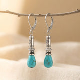 BOUCLES D'OREILLES TURQUOISE TIBET ARGENTÉ COULEUR VINTAGE BOHÈME LONG GOUTTE