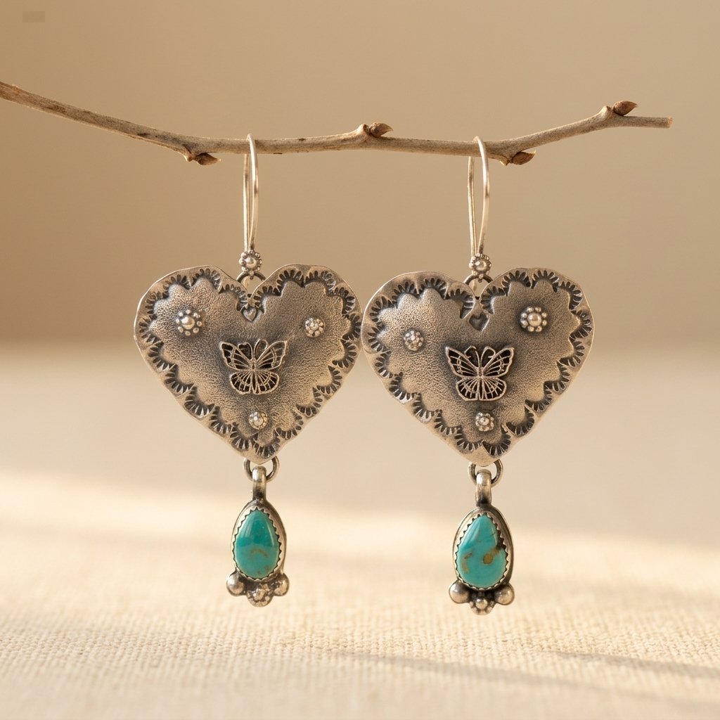 BOUCLES D'OREILLES ARTISANAL FAIT MAIN TURQUOISE ARGENTÉ CŒUR PENDENTIF FAIT MAIN