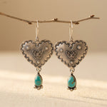 BOUCLES D'OREILLES ARTISANAL FAIT MAIN TURQUOISE ARGENTÉ CŒUR PENDENTIF FAIT MAIN