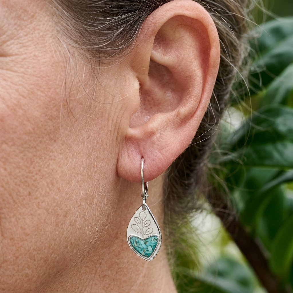 BOUCLES D'OREILLES TURQUOISE CŒUR FEUILLE
