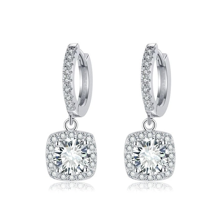 BOUCLES PENDANTES CARRÉ HALO MOISSANITE | OR BLANC