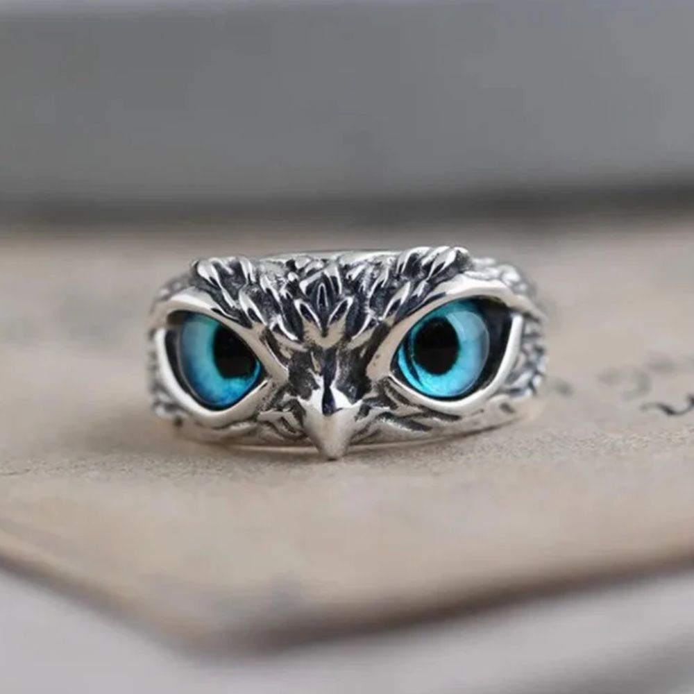 BAGUE HIBOU DE BONNE CHANCE RÉGLABLE EN ARGENT ET OPALE