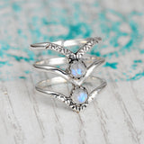 Bohemian Triple Chevron Rainbow Moonstone Silver Ring