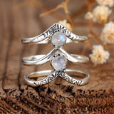 Bohemian Triple Chevron Rainbow Moonstone Silver Ring