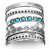 Bohemian Aztec Style Turquoise Wide Band Silver Ring