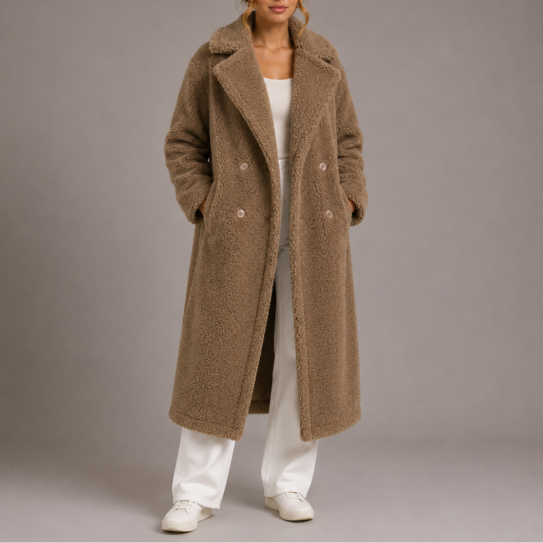 BÉATRICE | MANTEAU TEDDY LONG CROISÉ